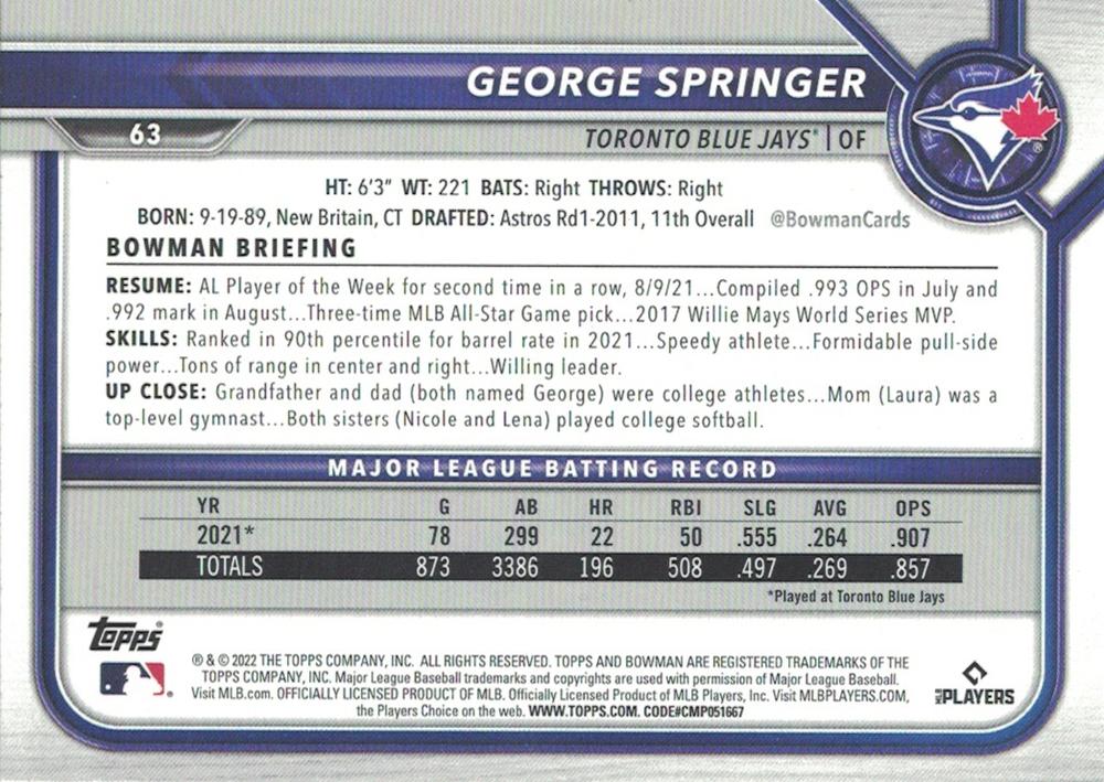 2022 Bowman George Springer #63 Toronto Blue Jays
