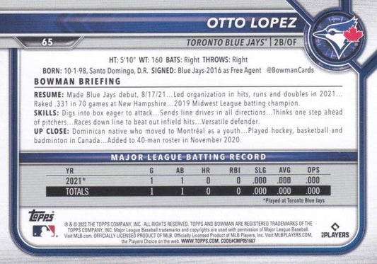 2022 Bowman Otto Lopez #65 Toronto Blue Jays