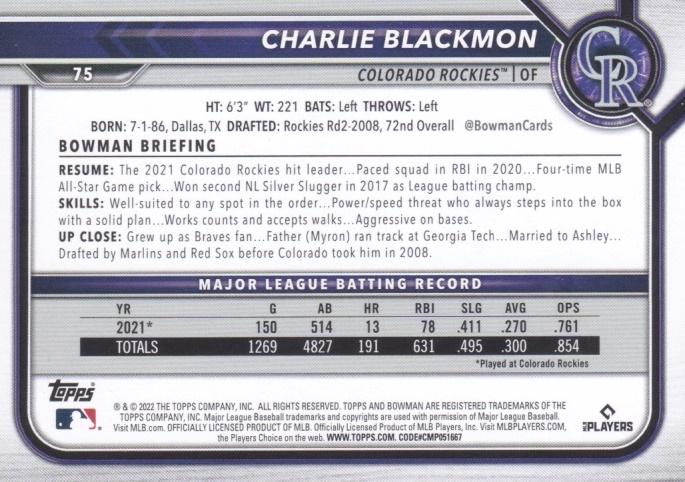 2022 Bowman Charlie Blackmon #75 Colorado Rockies