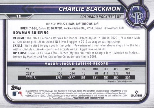 2022 Bowman Charlie Blackmon #75 Colorado Rockies