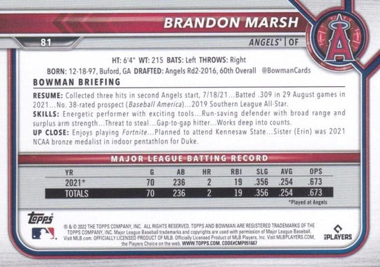 2022 Bowman Brandon Marsh #81 Los Angeles Angels