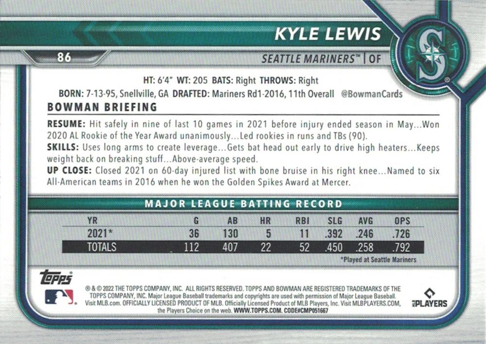 2022 Bowman Kyle Lewis #86 Seattle Mariners