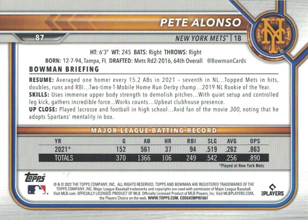 2022 Bowman Pete Alonso #87 New York Mets