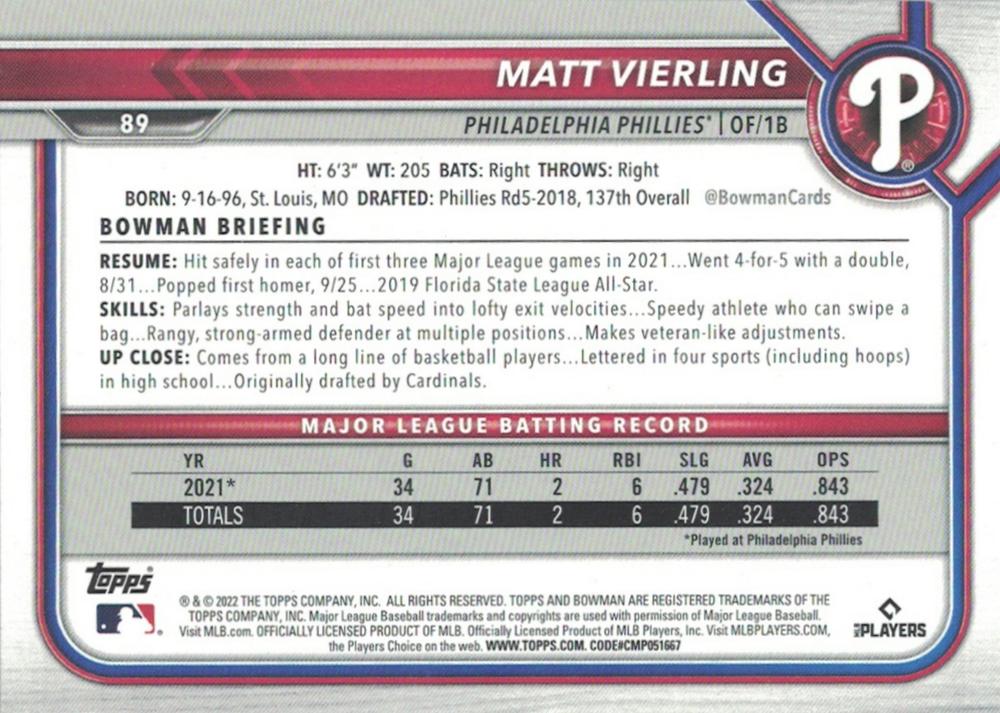 2022 Bowman Matt Vierling #89 Philadelphia Phillies