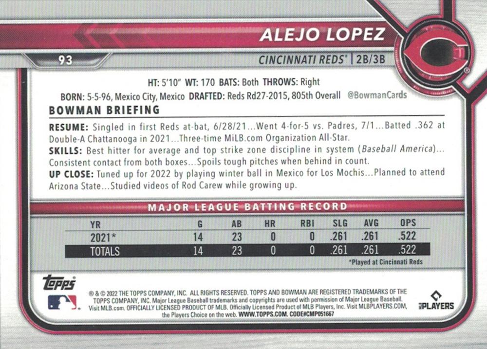 2022 Bowman Alejo Lopez #93 Cincinnati Reds
