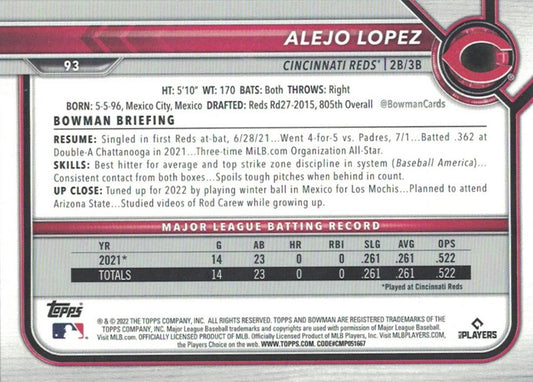 2022 Bowman Alejo Lopez #93 Cincinnati Reds