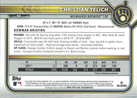 2022 Bowman Christian Yelich #94 Milwaukee Brewers