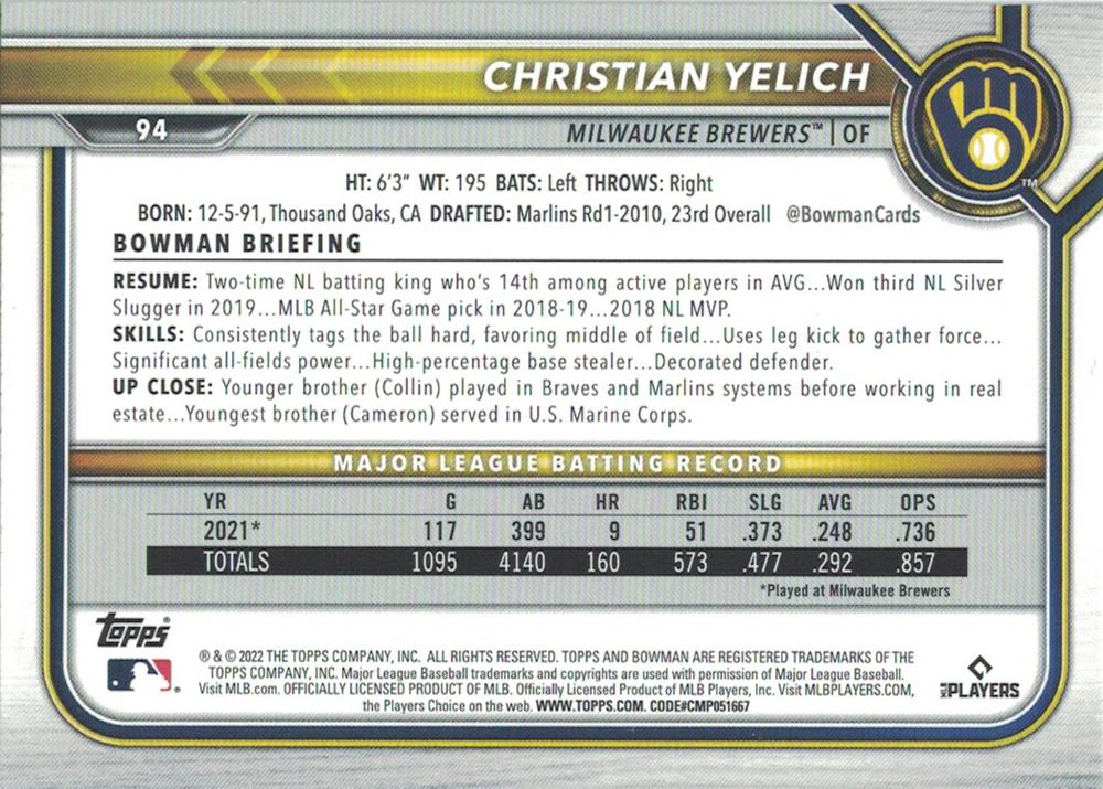2022 Bowman Christian Yelich #94 Milwaukee Brewers