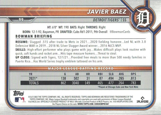 2022 Bowman Javier Baez #99 Detroit Tigers