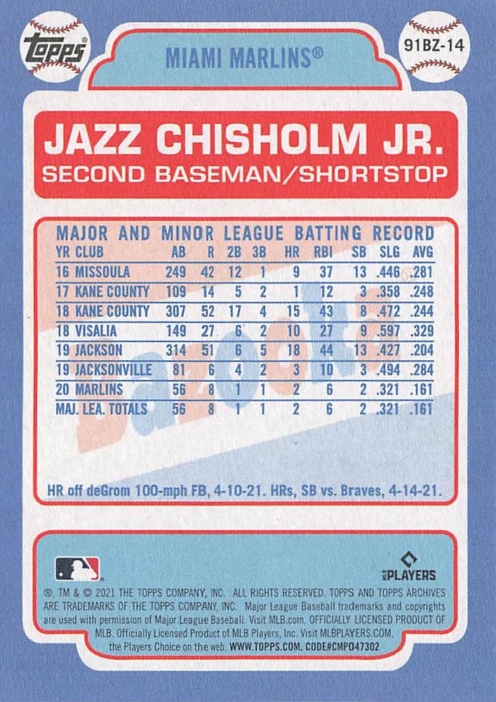 2021 Topps Archives 1991 Topps Bazooka Shining Stars Jazz Chisholm Jr. #91BZ-14 Miami Marlins
