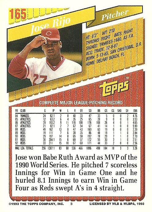 1993 Topps Jose Rijo # 165 Cincinnati Reds