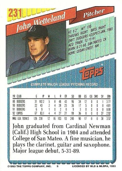 1993 Topps John Wetteland # 231 Montreal Expos
