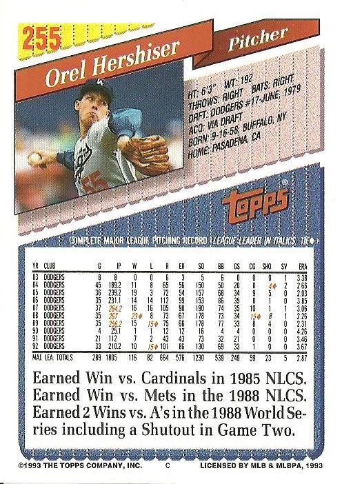 1993 Topps Orel Hershiser # 255 Los Angeles Dodgers