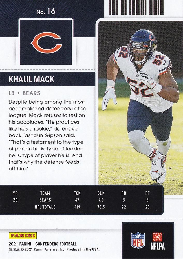 2021 Panini Contenders Season Ticket Khalil Mack #16 Chicago Bears