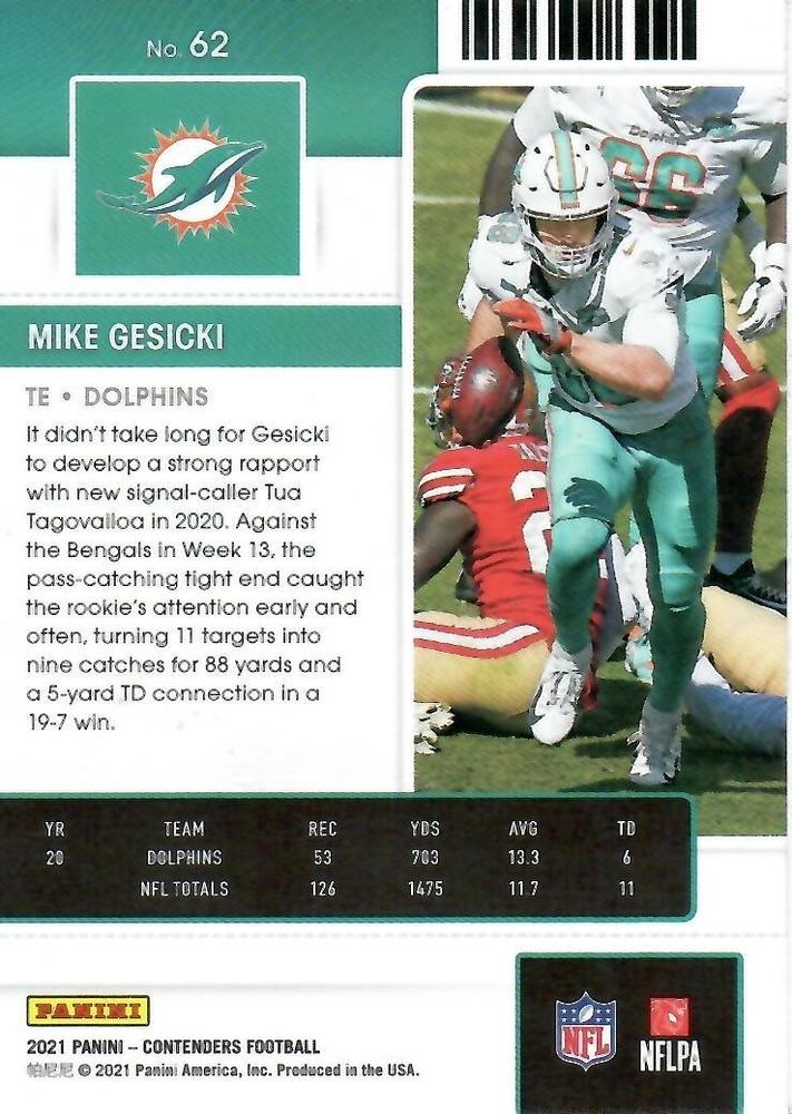 2021 Panini Contenders Season Ticket Mike Gesicki #62 Miami Dolphins