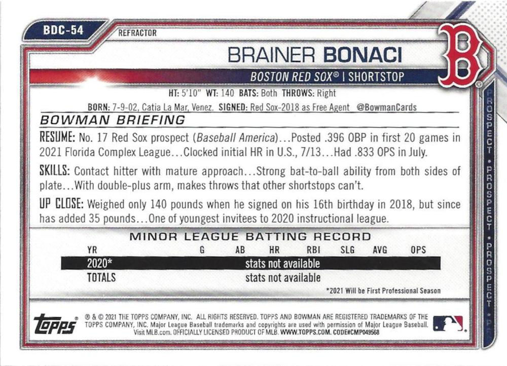 2021 Bowman Chrome Draft Refractor Brainer Bonaci BDC-54 Boston Red Sox