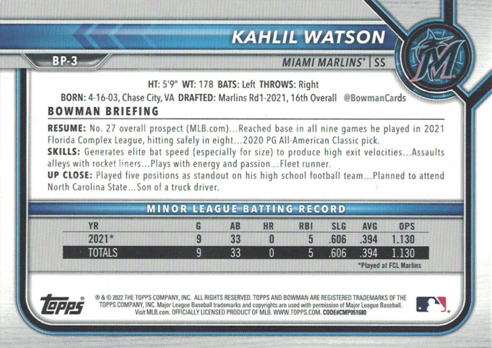 2022 Bowman Prospects 1st Bowman Kahlil Watson FBC BP-3 Miami Marlins