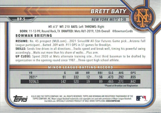 2022 Bowman Prospects Brett Baty BP-5 New York Mets