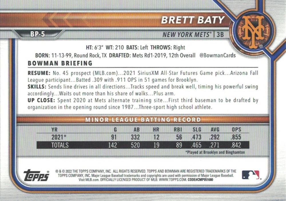 2022 Bowman Prospects Brett Baty BP-5 New York Mets
