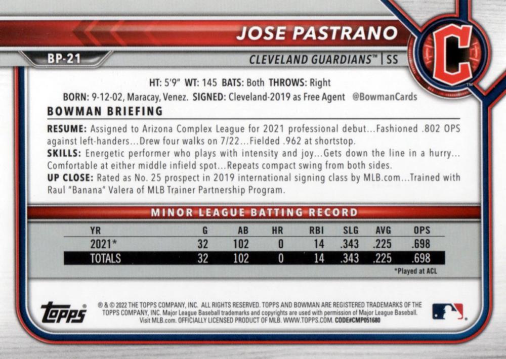 2022 Bowman Prospects 1st Bowman Jose Pastrano FBC BP-21 Cleveland Guardians