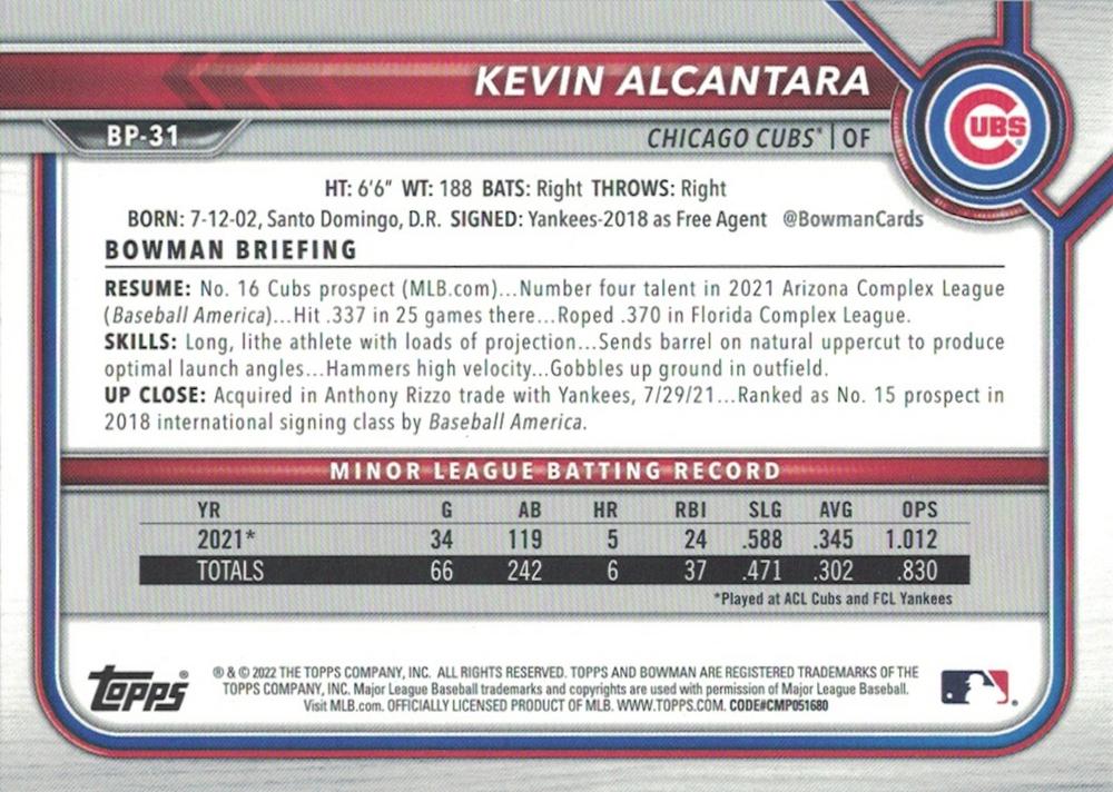 2022 Bowman Prospects Kevin Alcantara BP-31 Chicago Cubs
