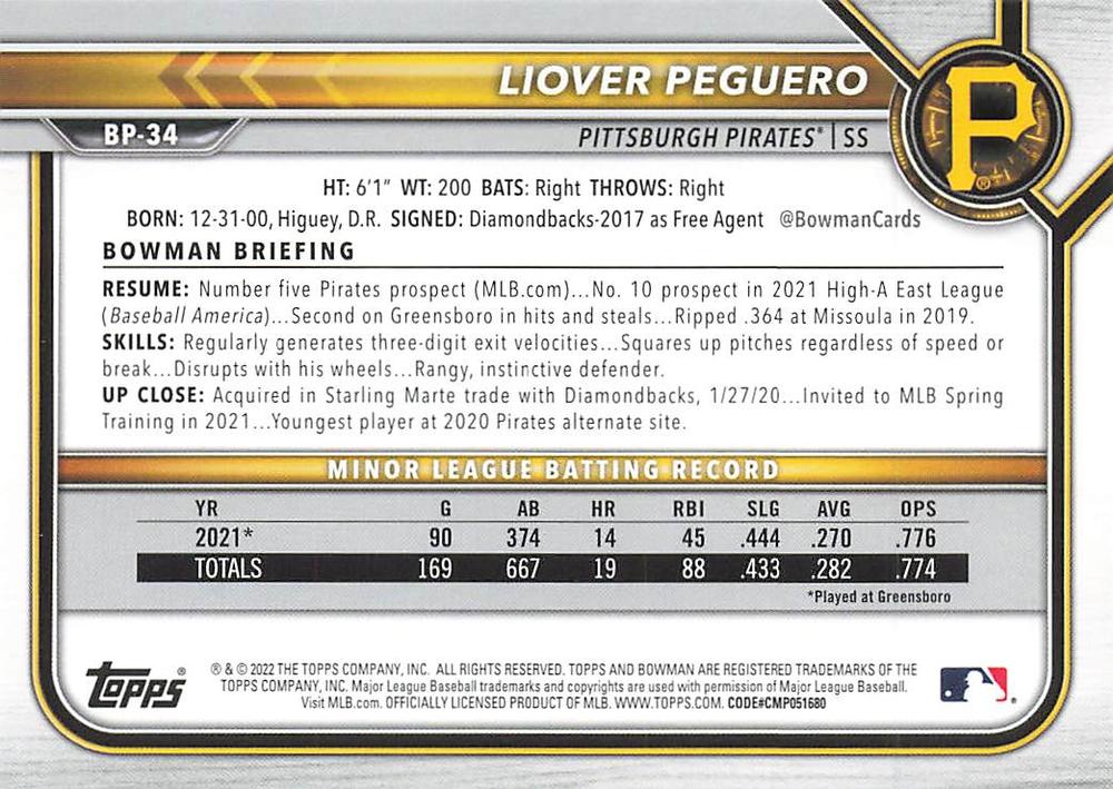 2022 Bowman Prospects Liover Peguero BP-34 Pittsburgh Pirates