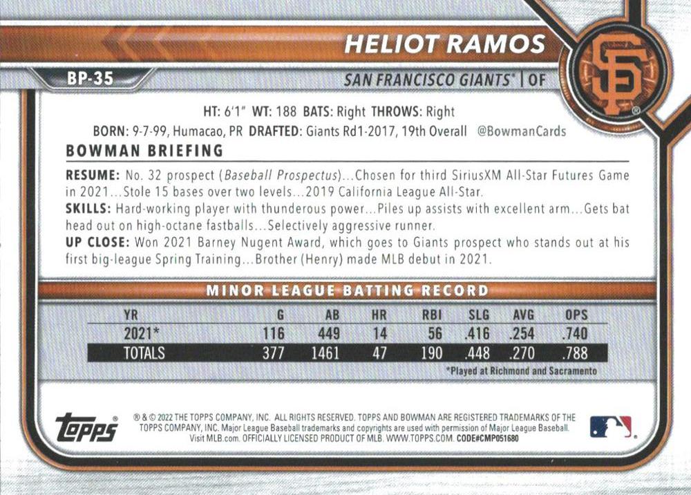 2022 Bowman Prospects Heliot Ramos BP-35 San Francisco Giants
