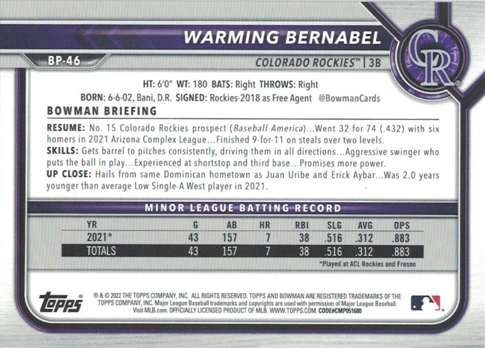 2022 Bowman Prospects 1st Bowman Warming Bernabel FBC BP-46 Colorado Rockies