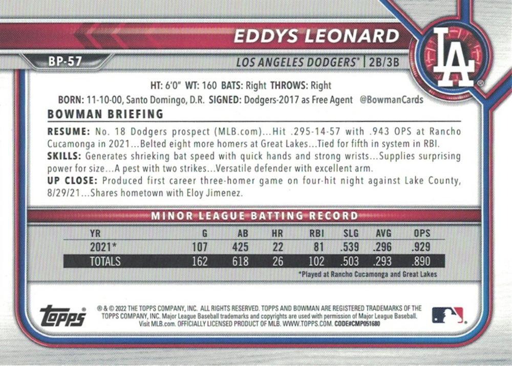 2022 Bowman Prospects 1st Bowman Eddys Leonard FBC BP-57 Los Angeles Dodgers