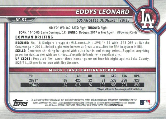 2022 Bowman Prospects 1st Bowman Eddys Leonard FBC BP-57 Los Angeles Dodgers