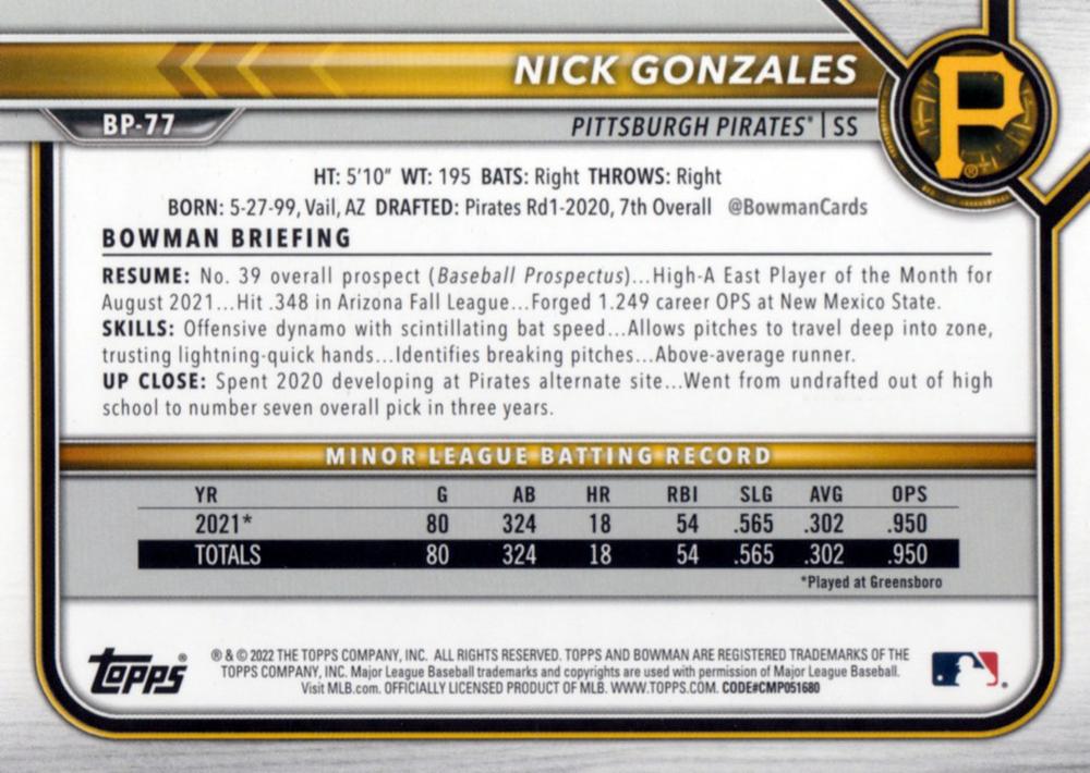 2022 Bowman Prospects Nick Gonzales BP-77 Pittsburgh Pirates