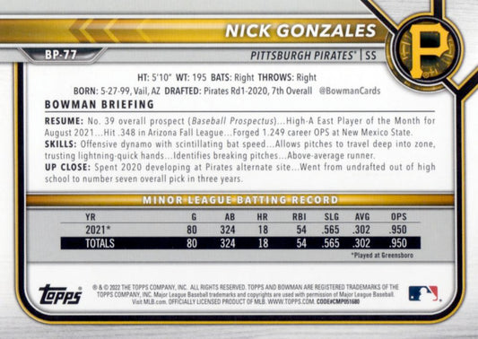 2022 Bowman Prospects Nick Gonzales BP-77 Pittsburgh Pirates