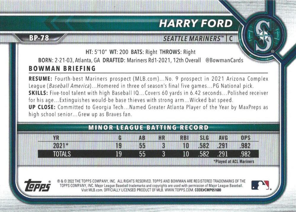 2022 Bowman Prospects Harry Ford BP-78 Seattle Mariners