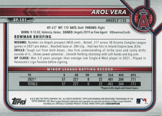 2022 Bowman Prospects Arol Vera BP-101 Los Angeles Angels