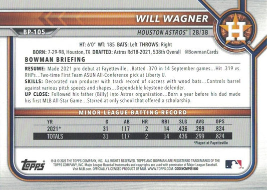 2022 Bowman Prospects 1st Bowman Will Wagner FBC BP-105 Houston Astros
