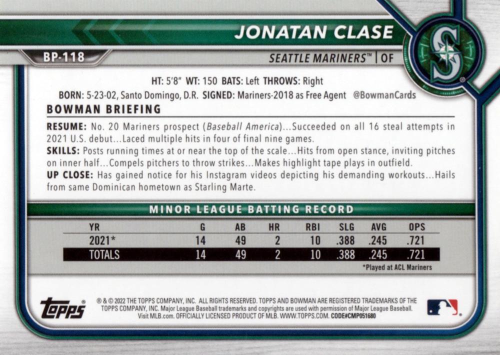 2022 Bowman Prospects 1st Bowman Jonatan Clase FBC BP-118 Seattle Mariners
