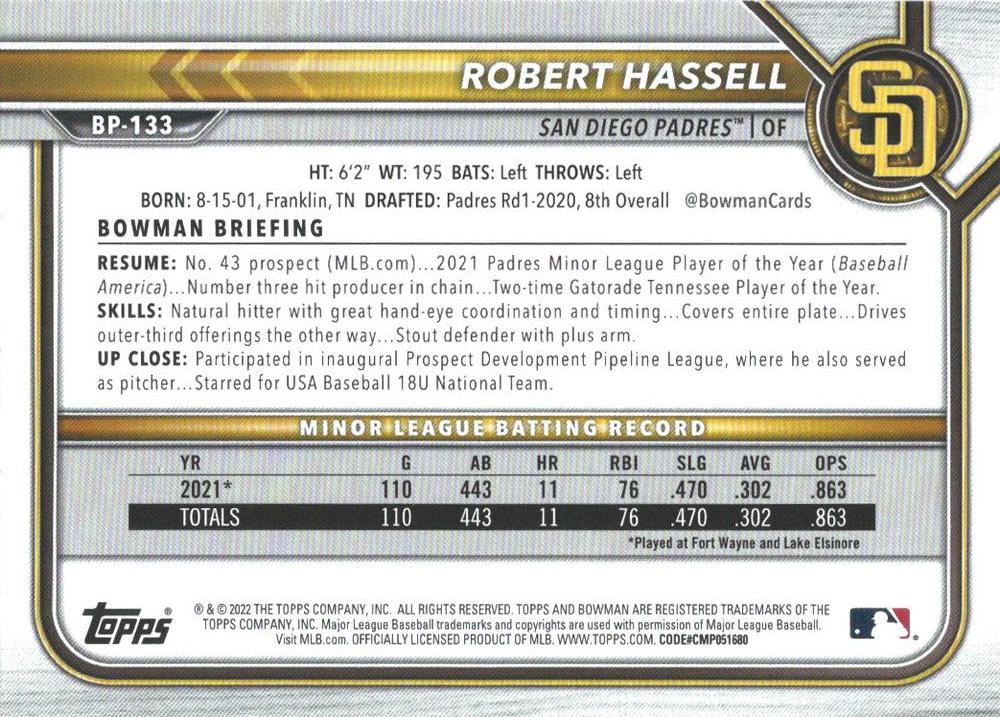 2022 Bowman Prospects Robert Hassell BP-133 San Diego Padres
