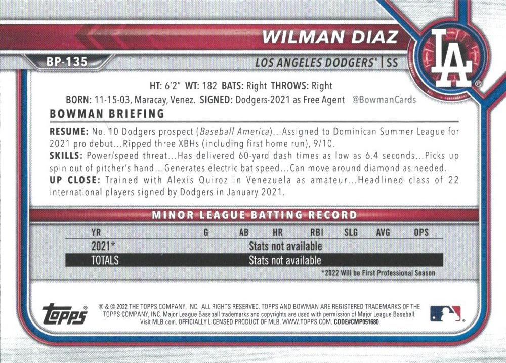 2022 Bowman Prospects Wilman Diaz BP-135 Los Angeles Dodgers