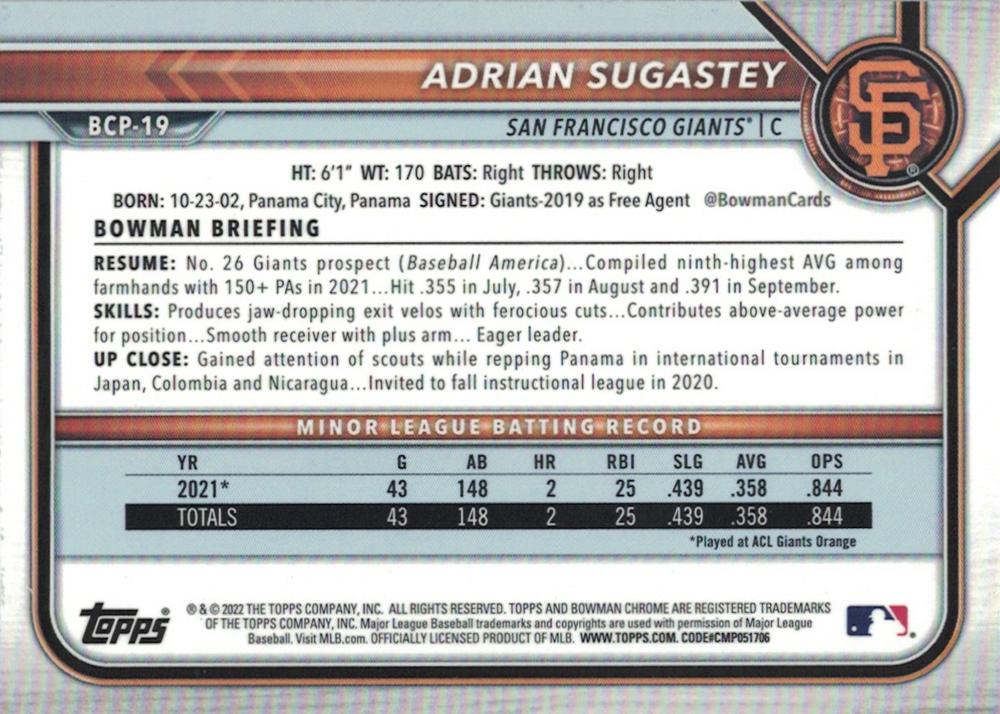 2022 Bowman Chrome Prospects 1st Bowman Adrian Sugastey FBC BCP-19 San Francisco Giants