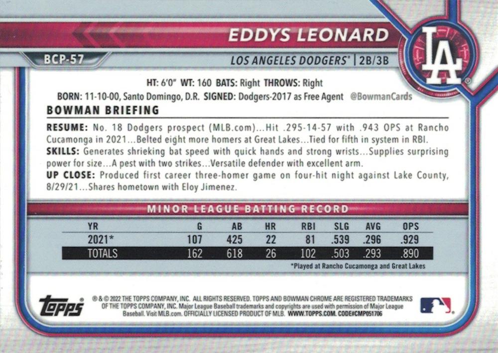 2022 Bowman Chrome Prospects 1st Bowman Eddys Leonard FBC BCP-57 Los Angeles Dodgers