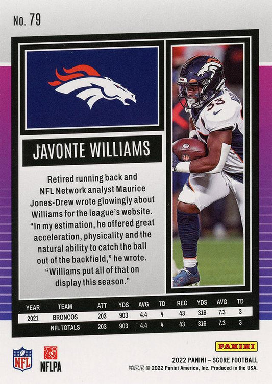 2022 Panini Score Base Javonte Williams #79 Denver Broncos