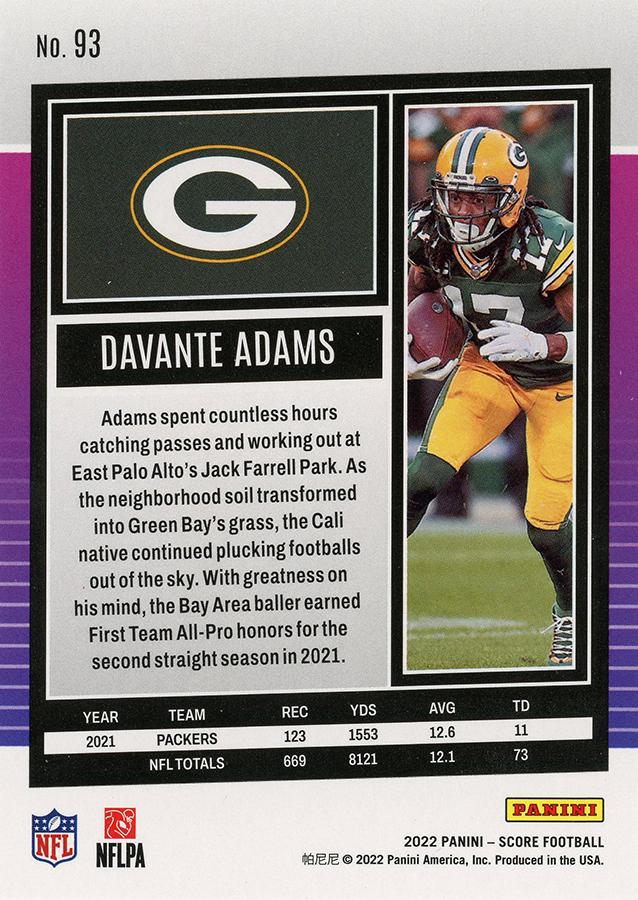 2022 Panini Score Base Davante Adams #93 Green Bay Packers