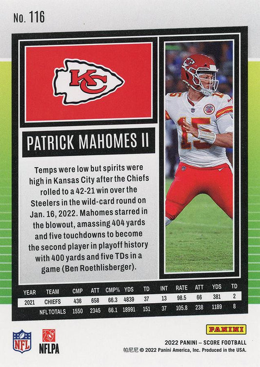 2022 Panini Score Base Patrick Mahomes II #116 Kansas City Chiefs