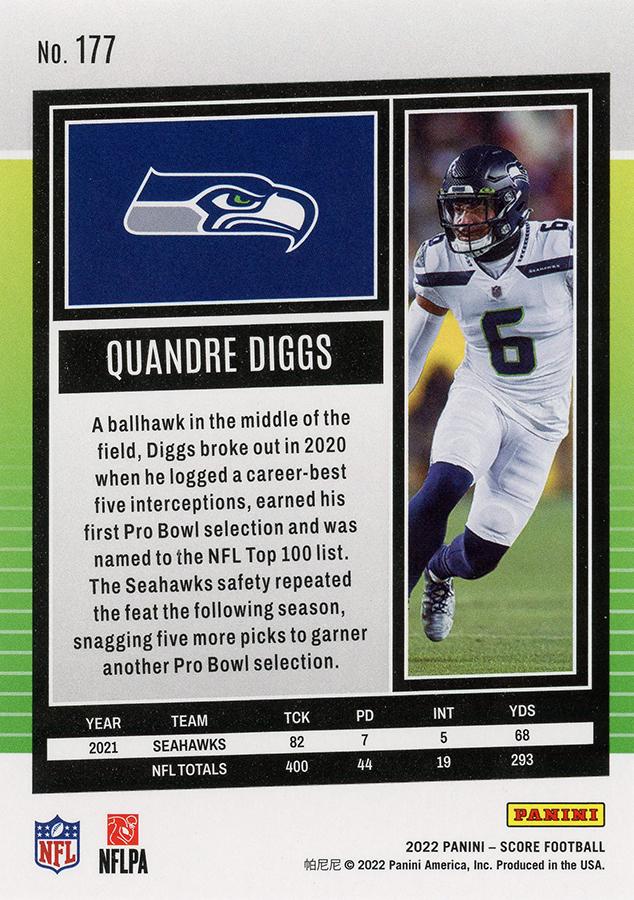 2022 Panini Score Base Quandre Diggs #177 Seattle Seahawks