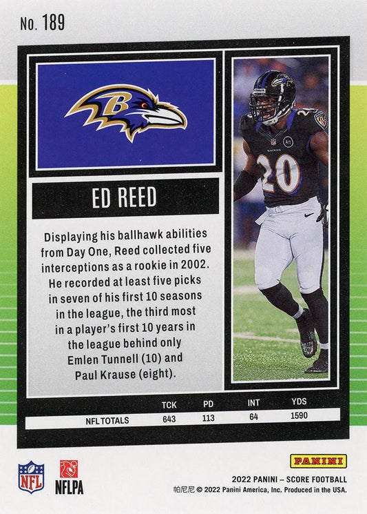 2022 Panini Score Base Ed Reed #189 Baltimore Ravens