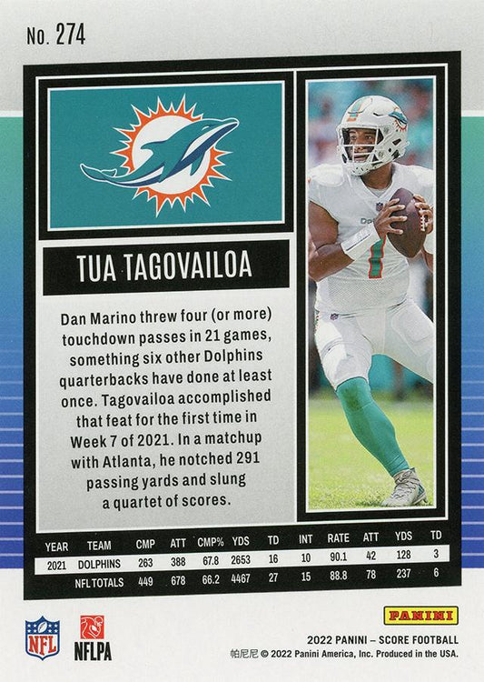 2022 Panini Score Base Tua Tagovailoa #274 Miami Dolphins