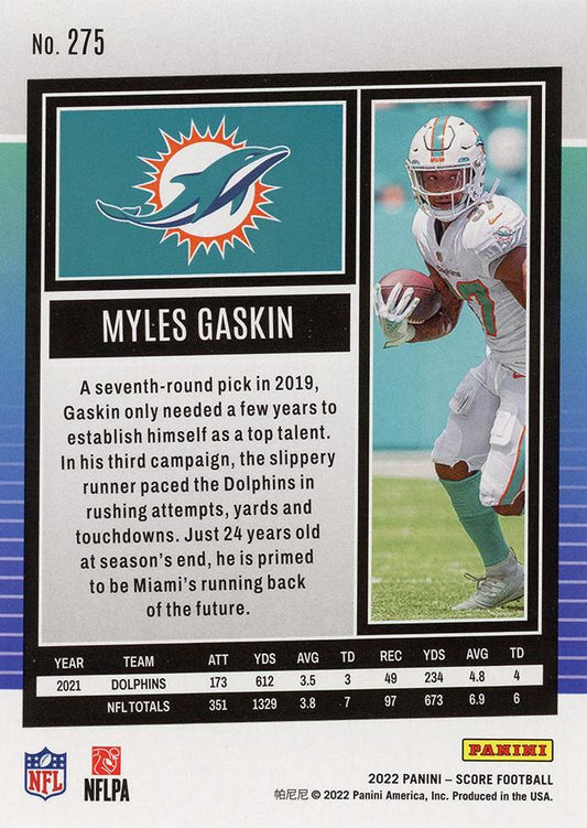 2022 Panini Score Base Myles Gaskin #275 Miami Dolphins