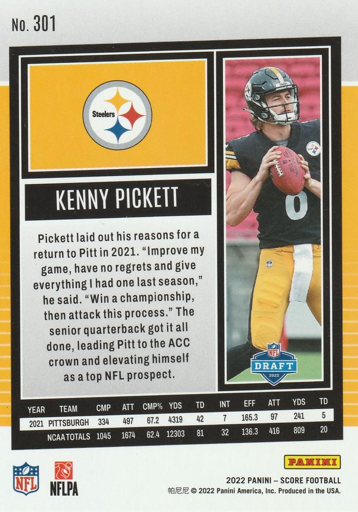 2022 Panini Score Rookies Kenny Pickett RC #301 Pittsburgh Steelers