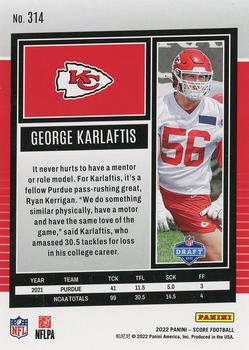 2022 Panini Score Rookies George Karlaftis RC #314 Kansas City Chiefs