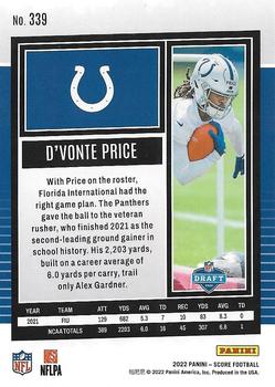 2022 Panini Score Rookies D'Vonte Price RC #339 Indianapolis Colts